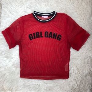 Red GIRL GANG Cropped Sheer Shirt